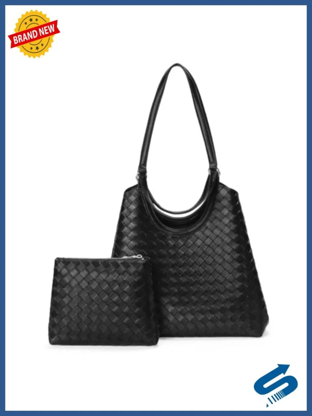 Woven Vegan Leather Shoulder Bag Tote 2Pcs with Clutch